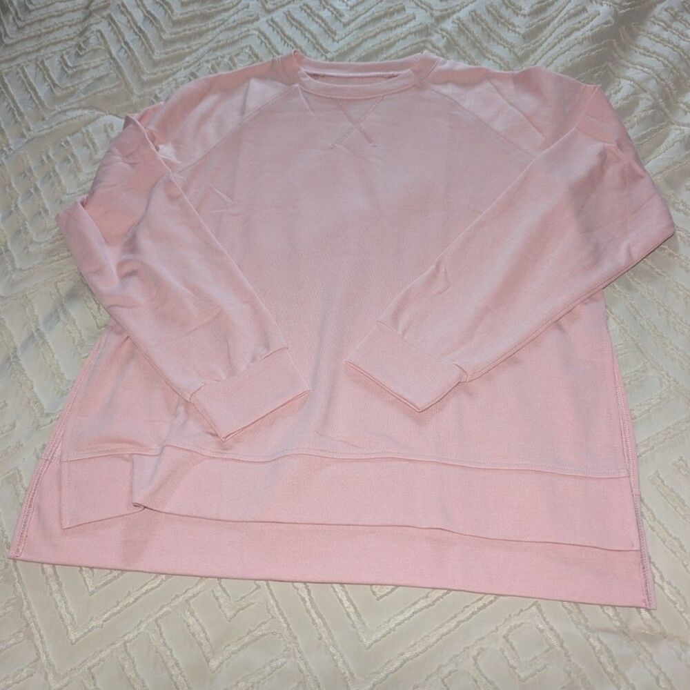 KISSMODA Women's Oversized Pink Pullover Sweatshirt Raglan Sleeve Side Slit S